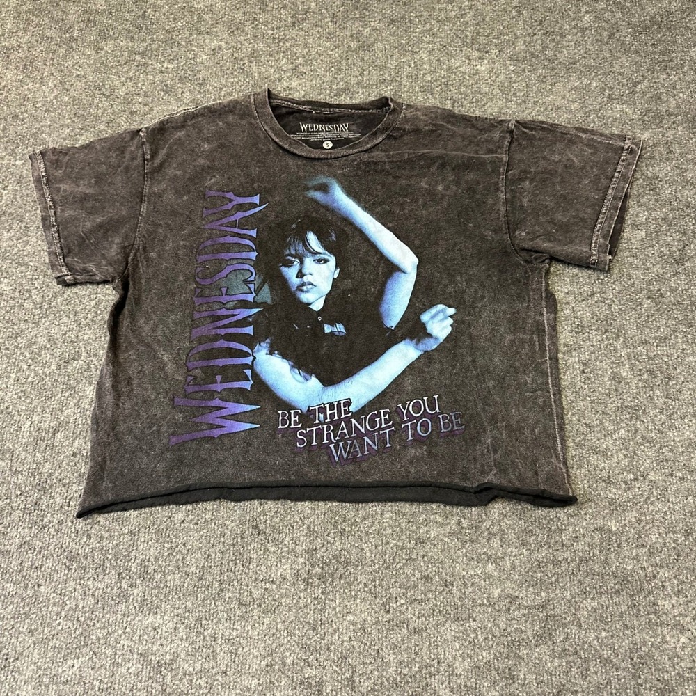 Wednesday T-Shirt Womens Size S Charcoal Mineral Wash Graphic Raw Hem Crop Top
